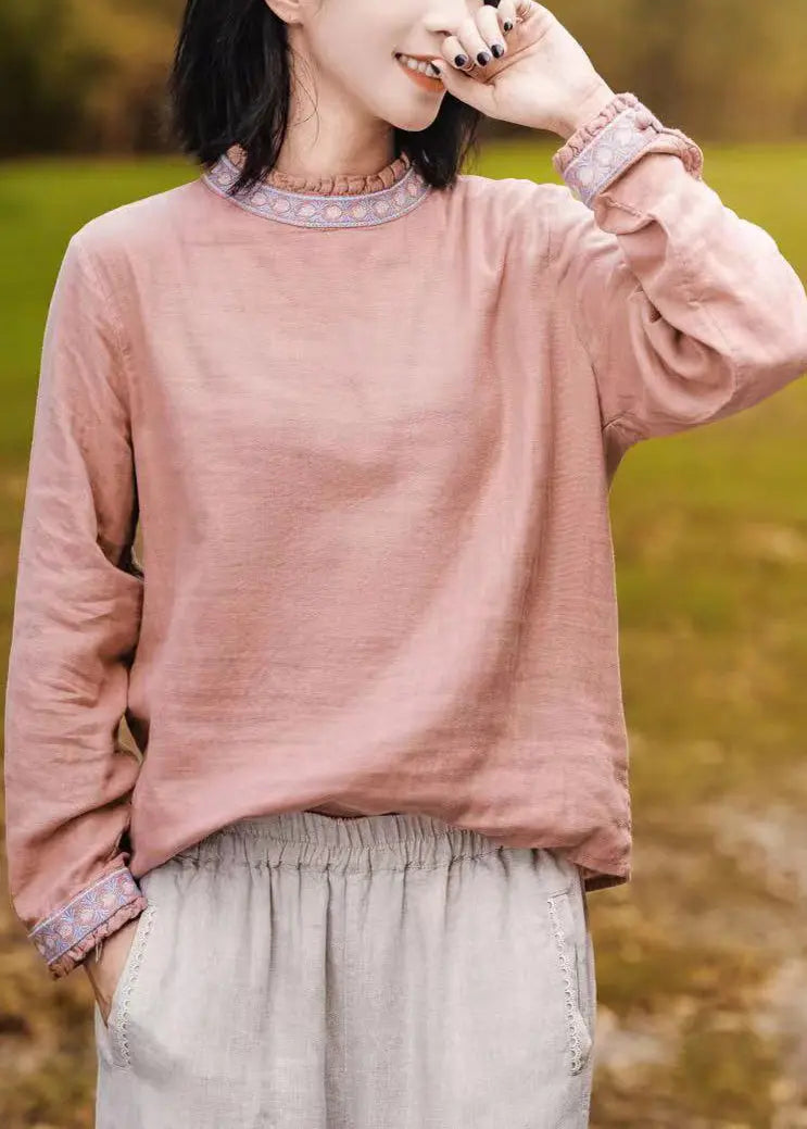 Women Pink O-Neck Ruffled Patchwork Embroideried T Shirt Long Sleeve Ada Fashion