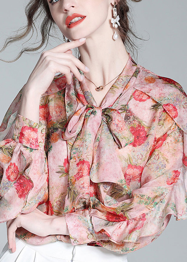 Women Pink O-Neck Ruffled Print Bow Silk Shirt Spring LY0134 - fabuloryshop