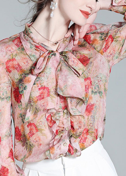 Women Pink O-Neck Ruffled Print Bow Silk Shirt Spring LY0134 - fabuloryshop