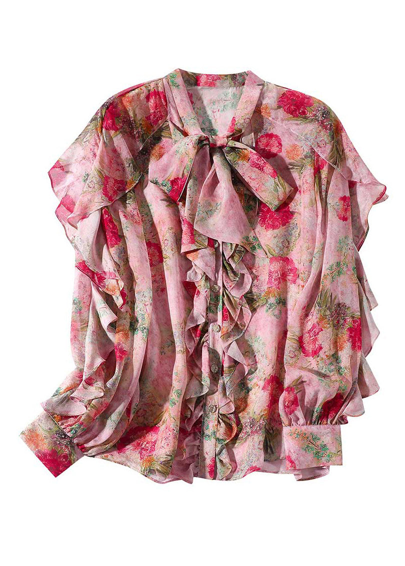 Women Pink O-Neck Ruffled Print Bow Silk Shirt Spring LY0134 - fabuloryshop