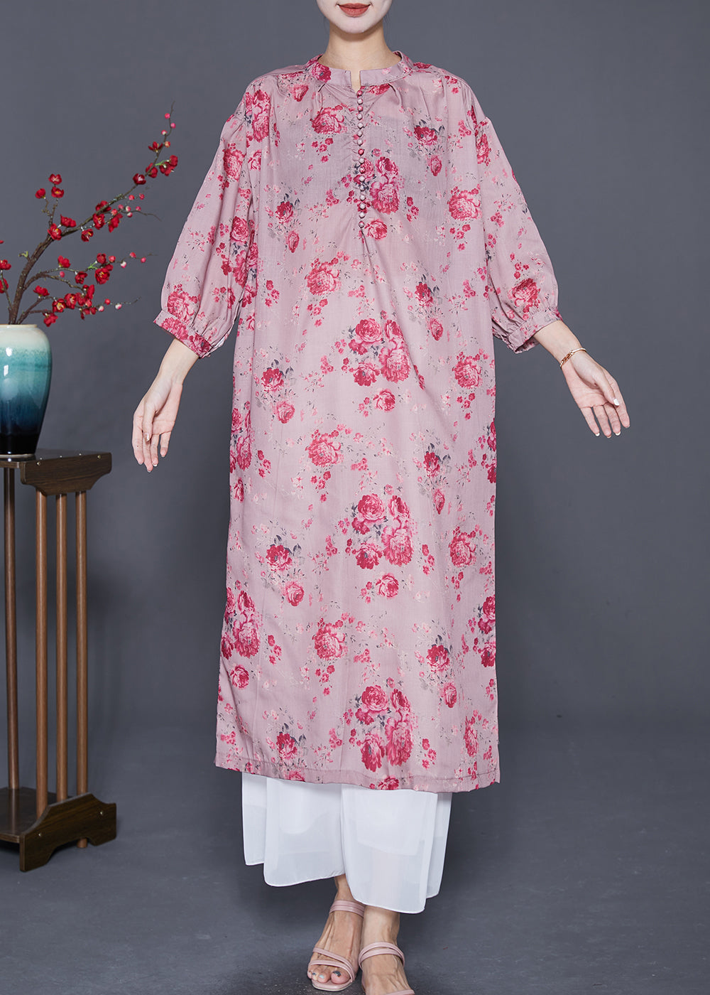 Women Pink Oversized Print Linen Maxi Dresses Bracelet Sleeve LY7710 Ada Fashion