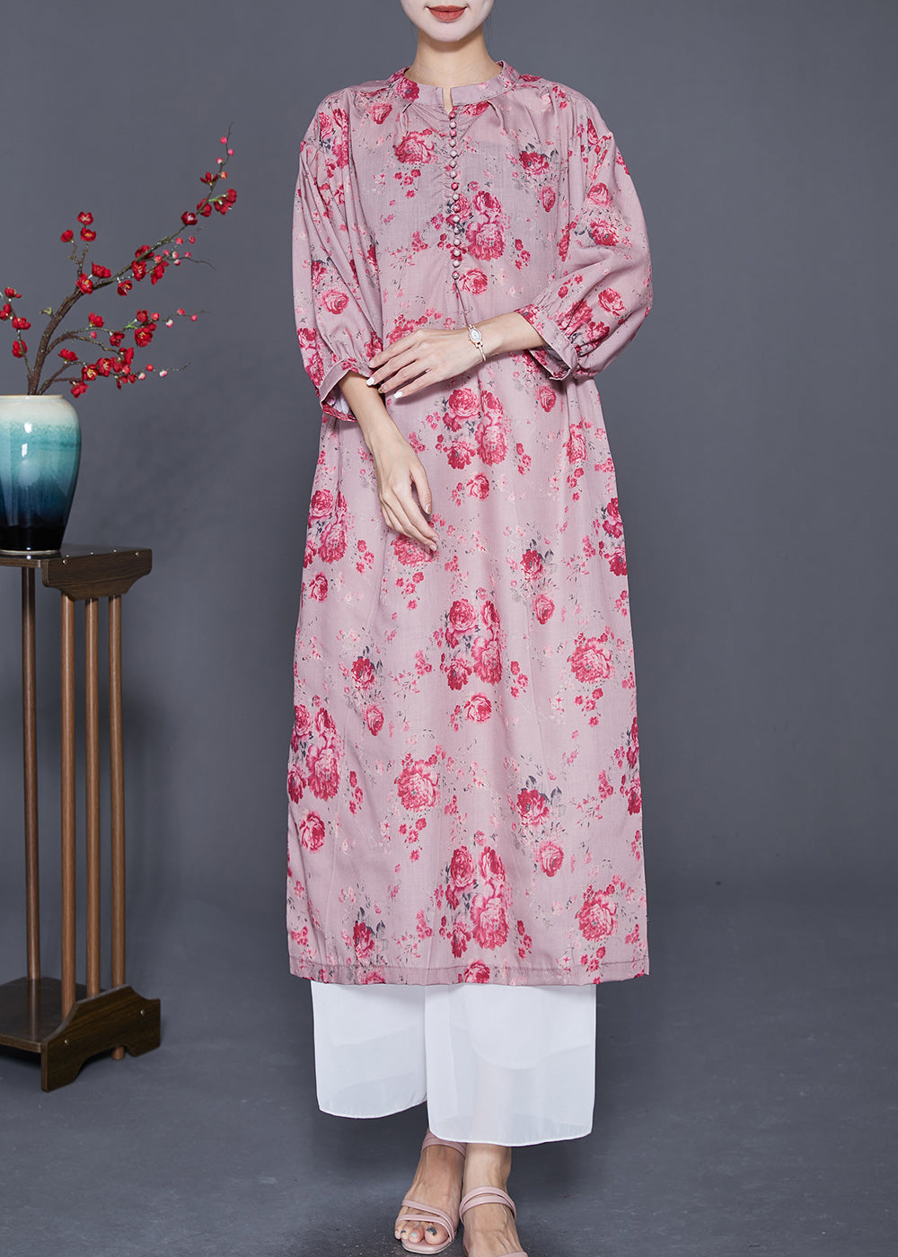 Women Pink Oversized Print Linen Maxi Dresses Bracelet Sleeve LY7710 Ada Fashion