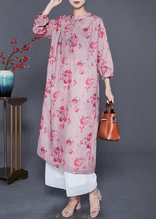 Women Pink Oversized Print Linen Maxi Dresses Bracelet Sleeve LY7710 Ada Fashion