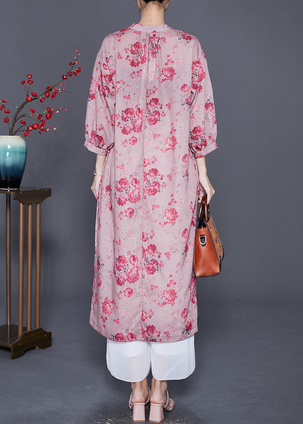 Women Pink Oversized Print Linen Maxi Dresses Bracelet Sleeve LY7710 Ada Fashion