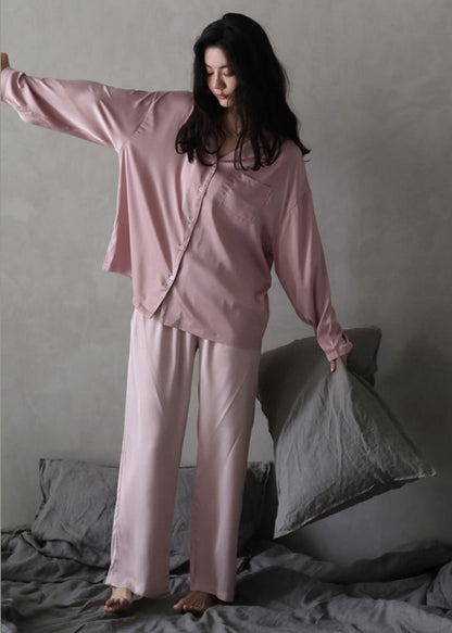 Women Pink Peter Pan Collar Button Cozy Ice Silk Pajamas Two Piece Set Long Sleeve TO1036 - fabuloryshop