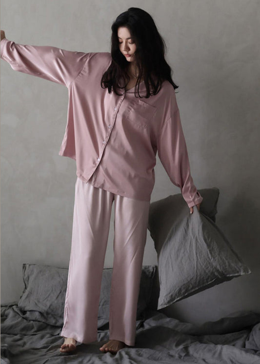 Women Pink Peter Pan Collar Button Cozy Ice Silk Pajamas Two Piece Set Long Sleeve LY1903 - fabuloryshop