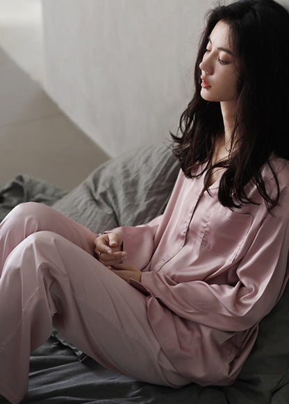 Women Pink Peter Pan Collar Button Cozy Ice Silk Pajamas Two Piece Set Long Sleeve TO1036 - fabuloryshop