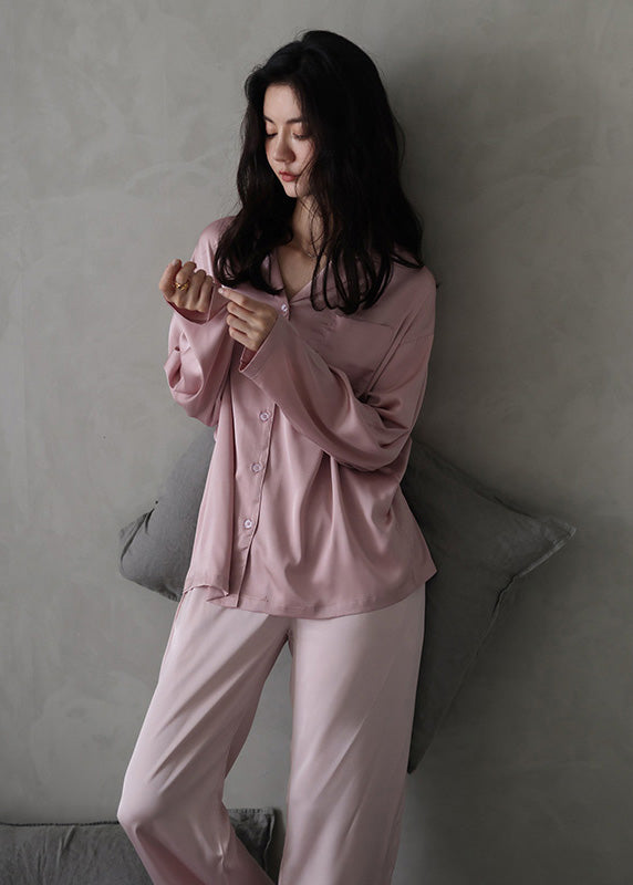 Women Pink Peter Pan Collar Button Cozy Ice Silk Pajamas Two Piece Set Long Sleeve TO1036 - fabuloryshop
