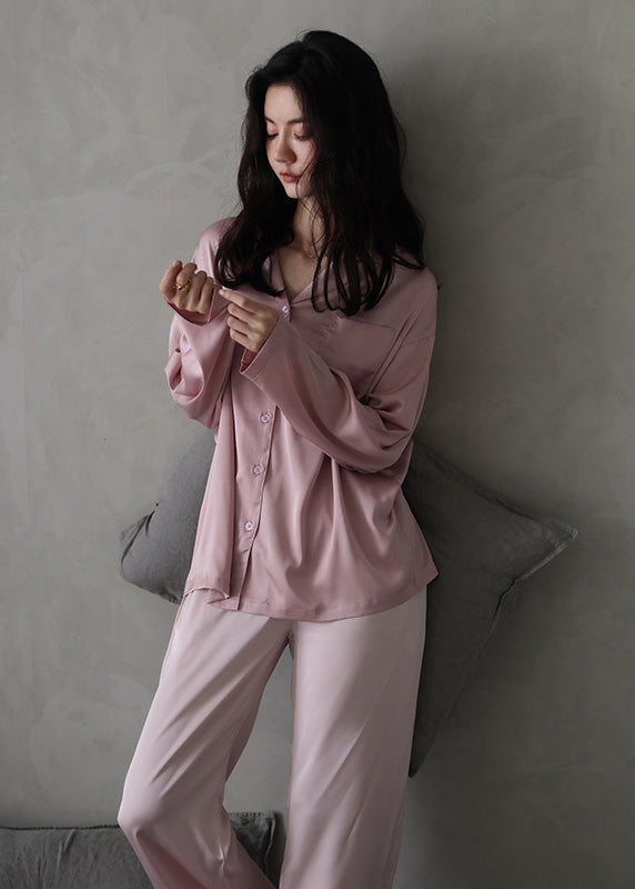 Women Pink Peter Pan Collar Button Cozy Ice Silk Pajamas Two Piece Set Long Sleeve LY1903 - fabuloryshop