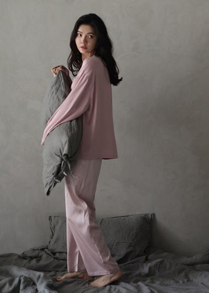 Women Pink Peter Pan Collar Button Cozy Ice Silk Pajamas Two Piece Set Long Sleeve TO1036 - fabuloryshop