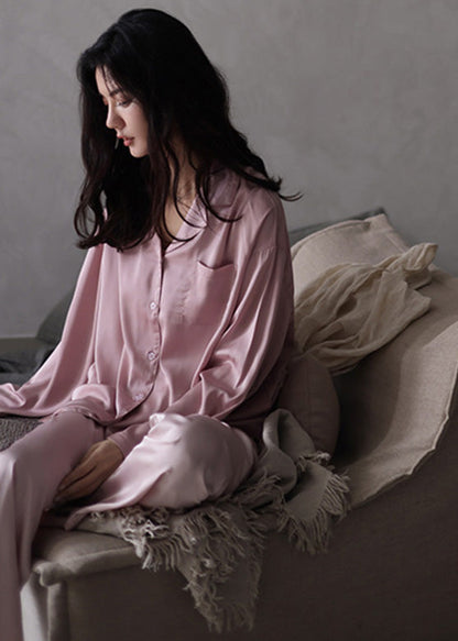 Women Pink Peter Pan Collar Button Cozy Ice Silk Pajamas Two Piece Set Long Sleeve TO1036 - fabuloryshop