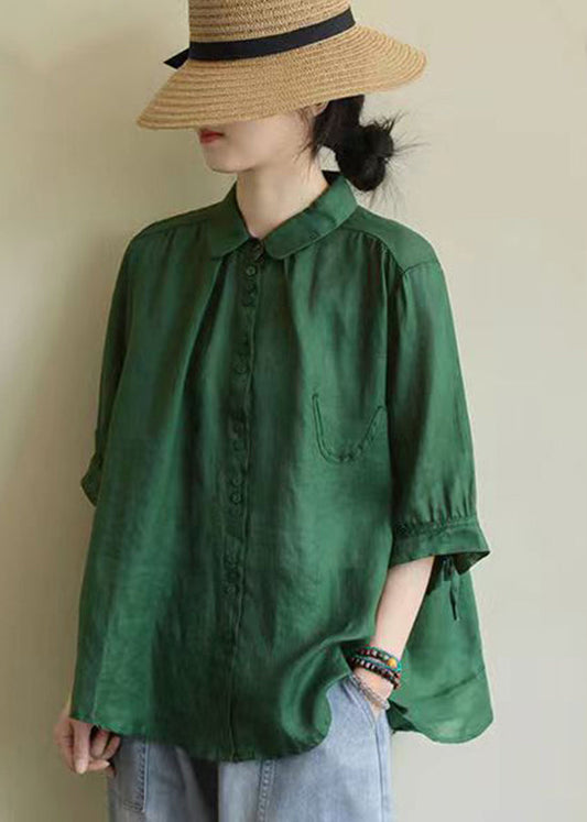 Green Peter Pan Collar Patchwork Cotton Shirt Top Summer Ada Fashion