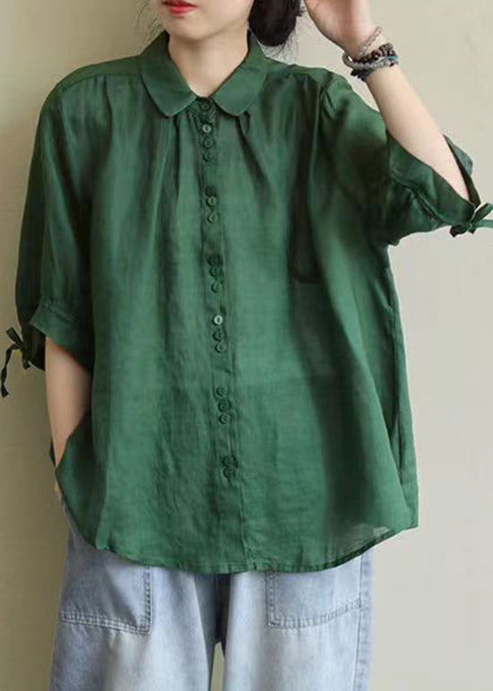 Green Peter Pan Collar Patchwork Cotton Shirt Top Summer Ada Fashion