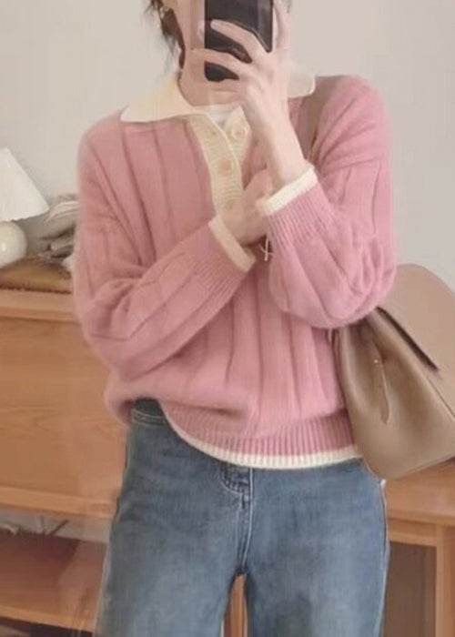 Women Pink Patchwork Cozy Knit Sweaters Fall