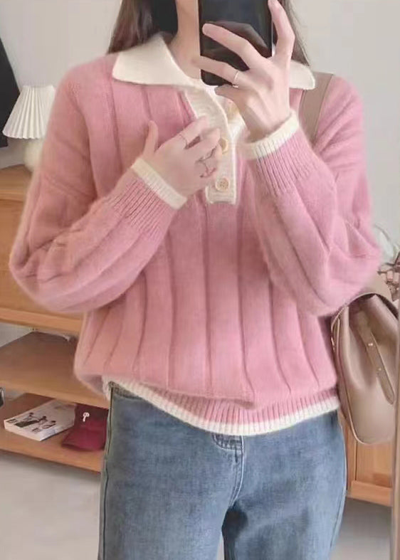 Women Pink Patchwork Cozy Knit Sweaters Fall