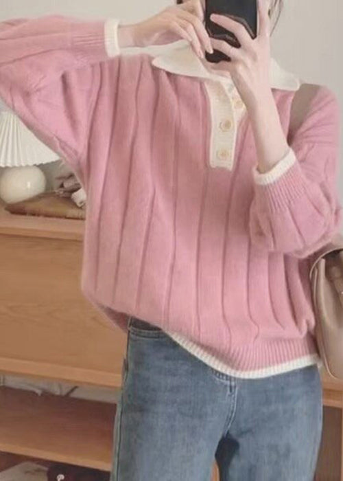 Frauen Rosa Patchwork Gemütliche Strick Pullover Herbst