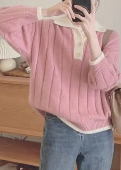 Women Pink Patchwork Cozy Knit Sweaters Fall