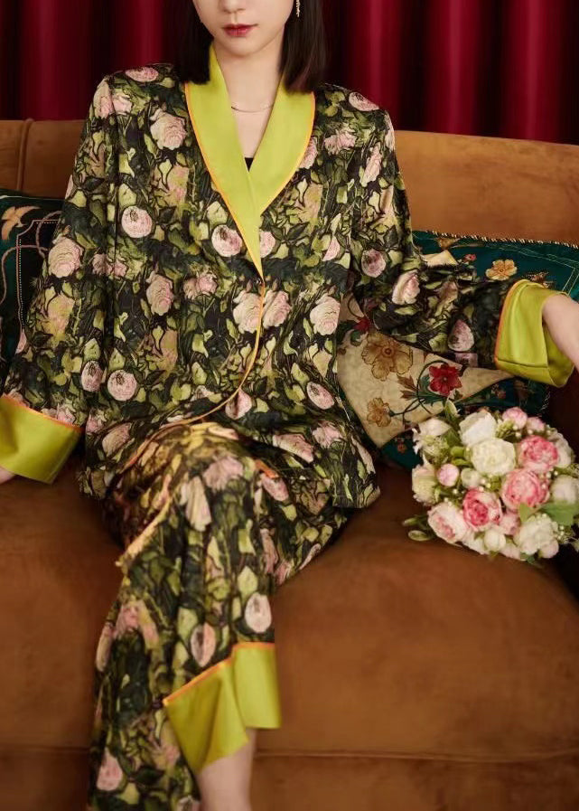 Women Pink Peter Pan Collar Print Button Ice Silk Pajamas Two Pieces Set Spring TO1003