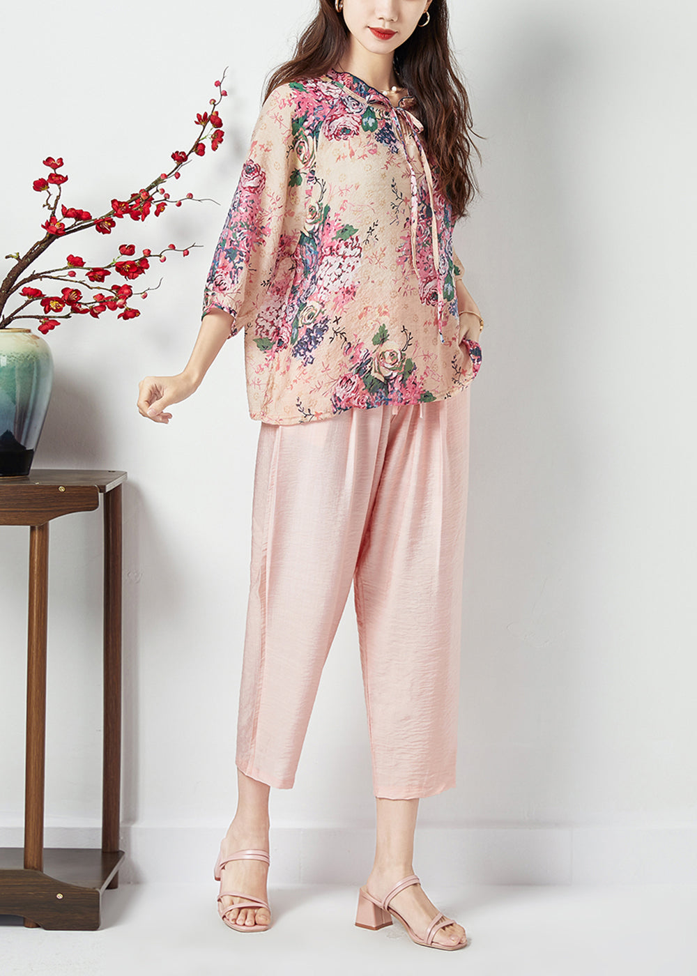 Women Pink Print Ruffled Lace Up Cotton Two Piece Suit Set Bracelet Sleeve LY1125 - fabuloryshop