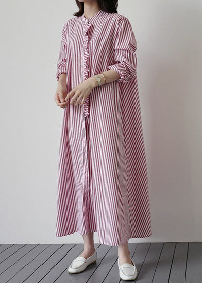 Women Pink Red Striped Ruffled Patchwork Cotton Shirt Dresses Spring LY1987 - fabuloryshop