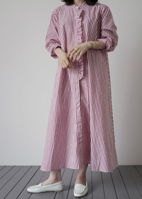 Women Pink Red Striped Ruffled Patchwork Cotton Shirt Dresses Spring LY1987 - fabuloryshop