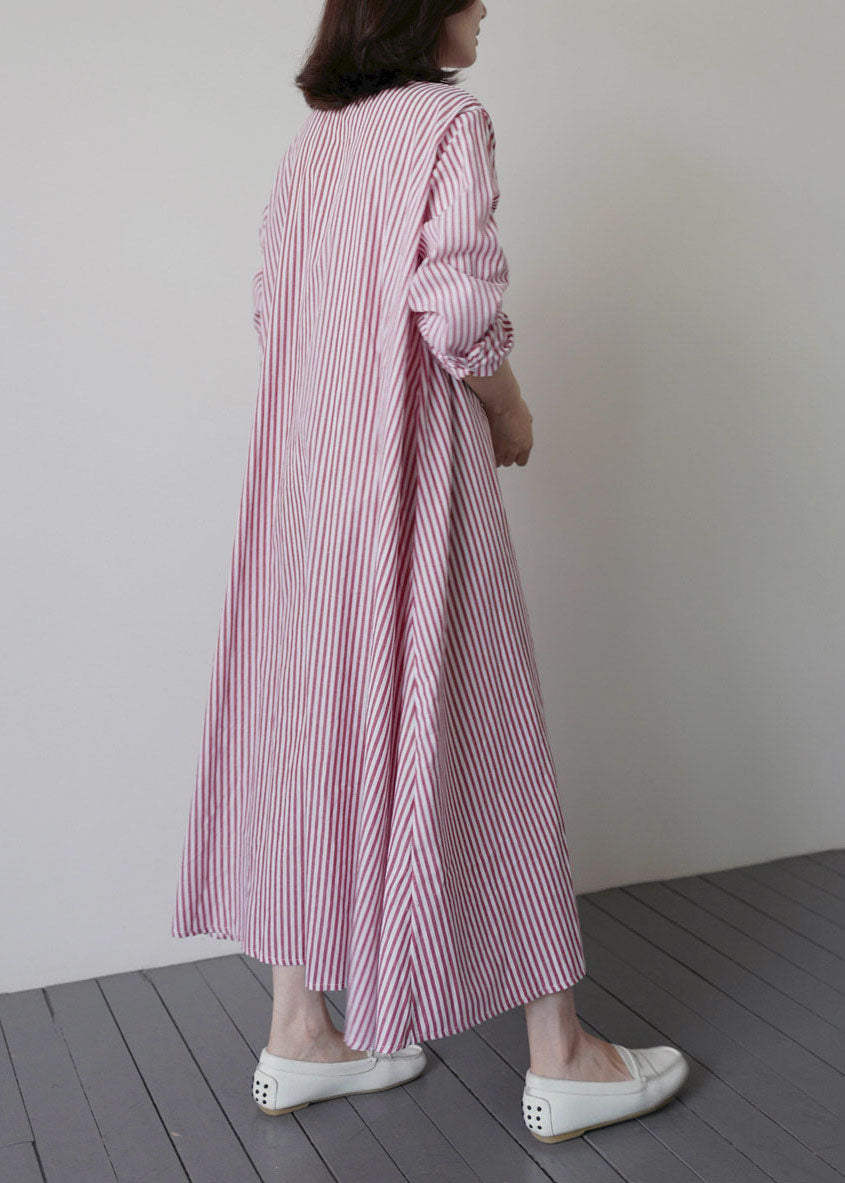 Women Pink Red Striped Ruffled Patchwork Cotton Shirt Dresses Spring LY1987 - fabuloryshop