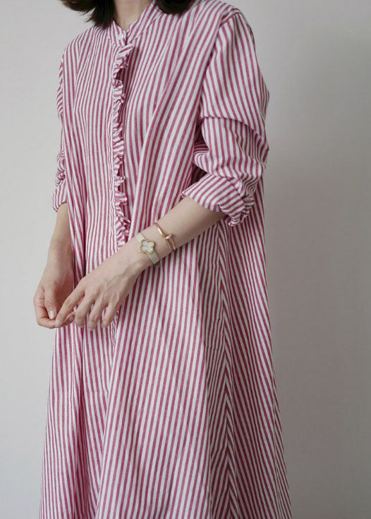 Women Pink Red Striped Ruffled Patchwork Cotton Shirt Dresses Spring LY1987 - fabuloryshop