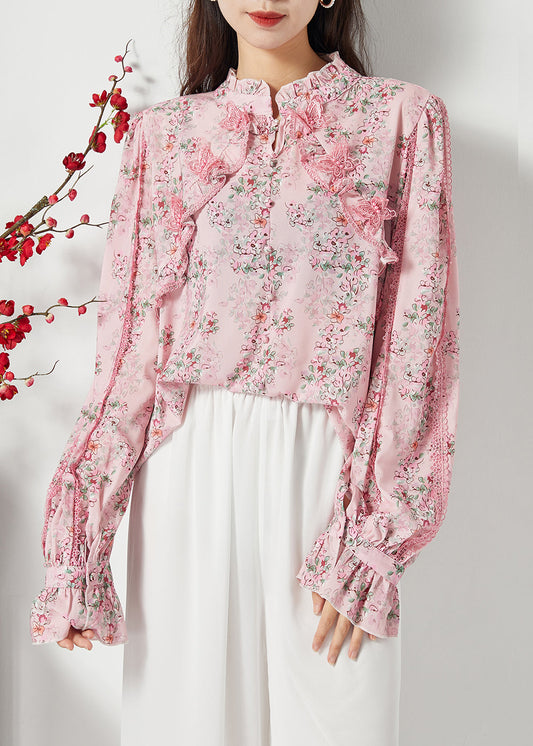 Women Pink Ruffled Patchwork Butterfly Chiffon Shirt Spring LC0388 - fabuloryshop