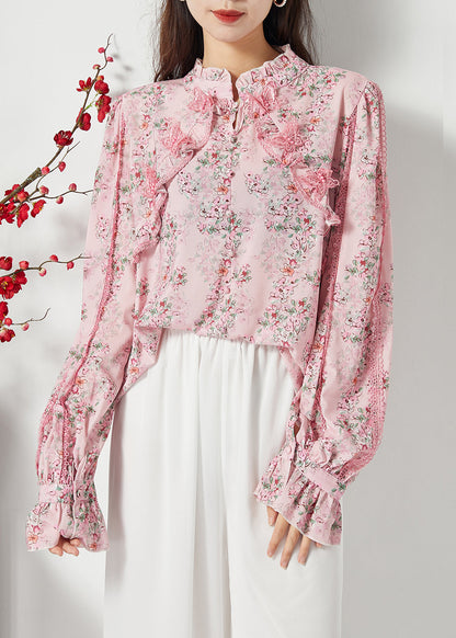 Women Pink Ruffled Patchwork Butterfly Chiffon Shirt Spring LY1118 - fabuloryshop