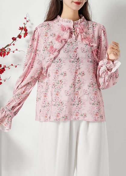 Women Pink Ruffled Patchwork Butterfly Chiffon Shirt Spring LY1118 - fabuloryshop