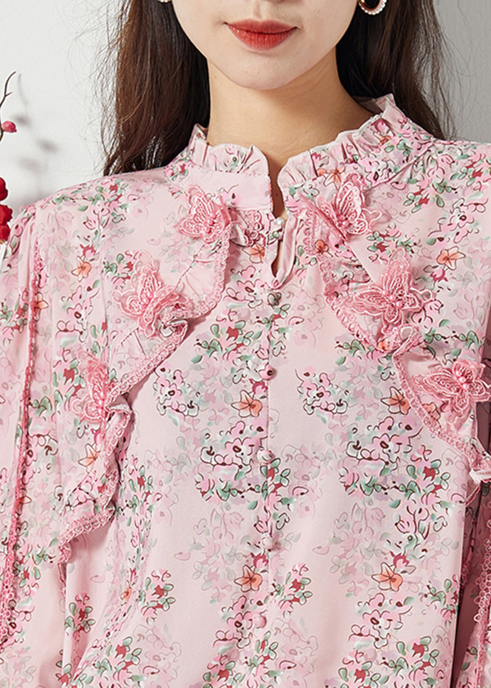 Women Pink Ruffled Patchwork Butterfly Chiffon Shirt Spring LY1118 - fabuloryshop