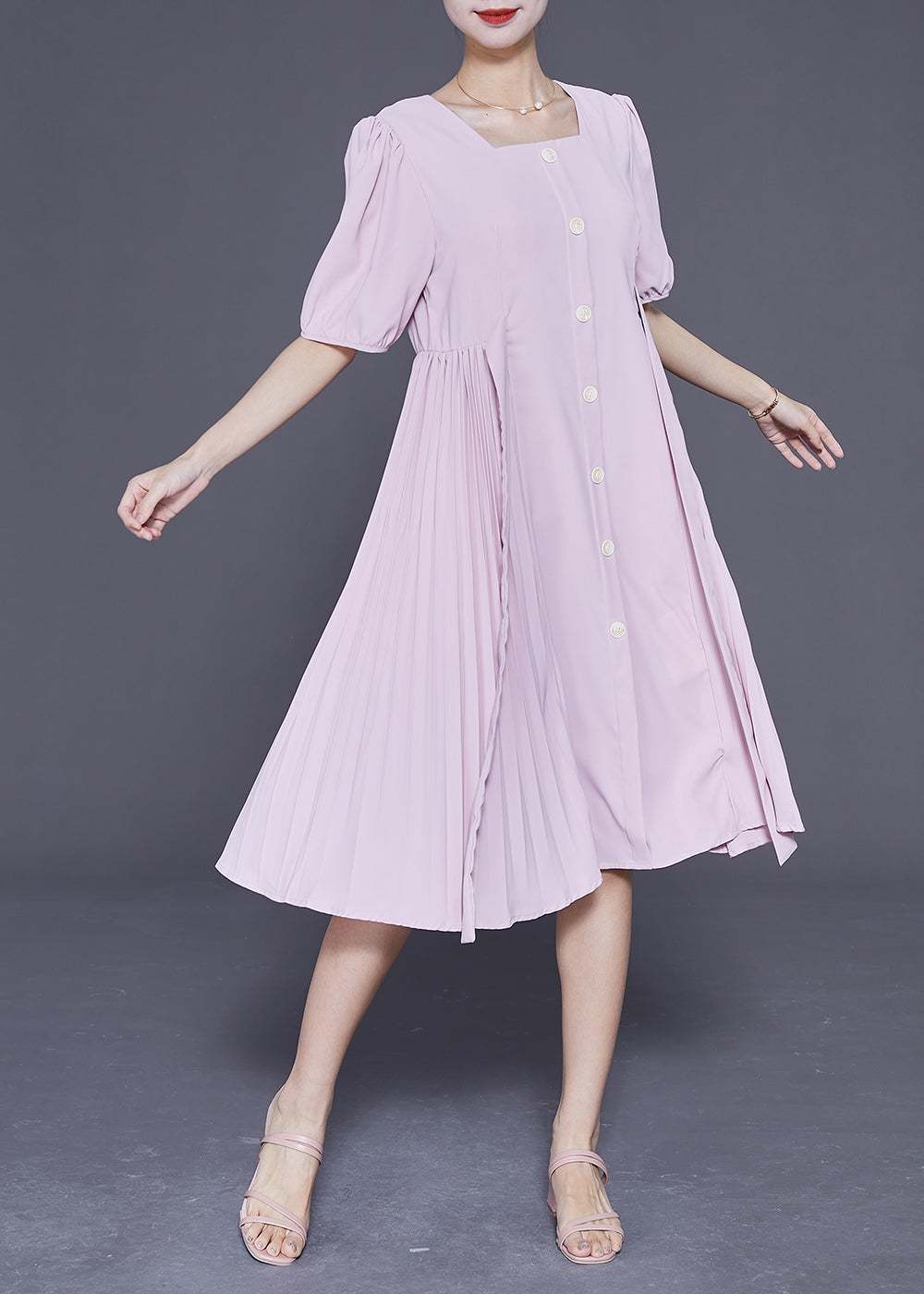 Women Pink Square Collar Tie Waist Pleated Dresses Summer LY3691 - fabuloryshop