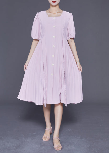 Women Pink Square Collar Tie Waist Pleated Dresses Summer LY3691 - fabuloryshop