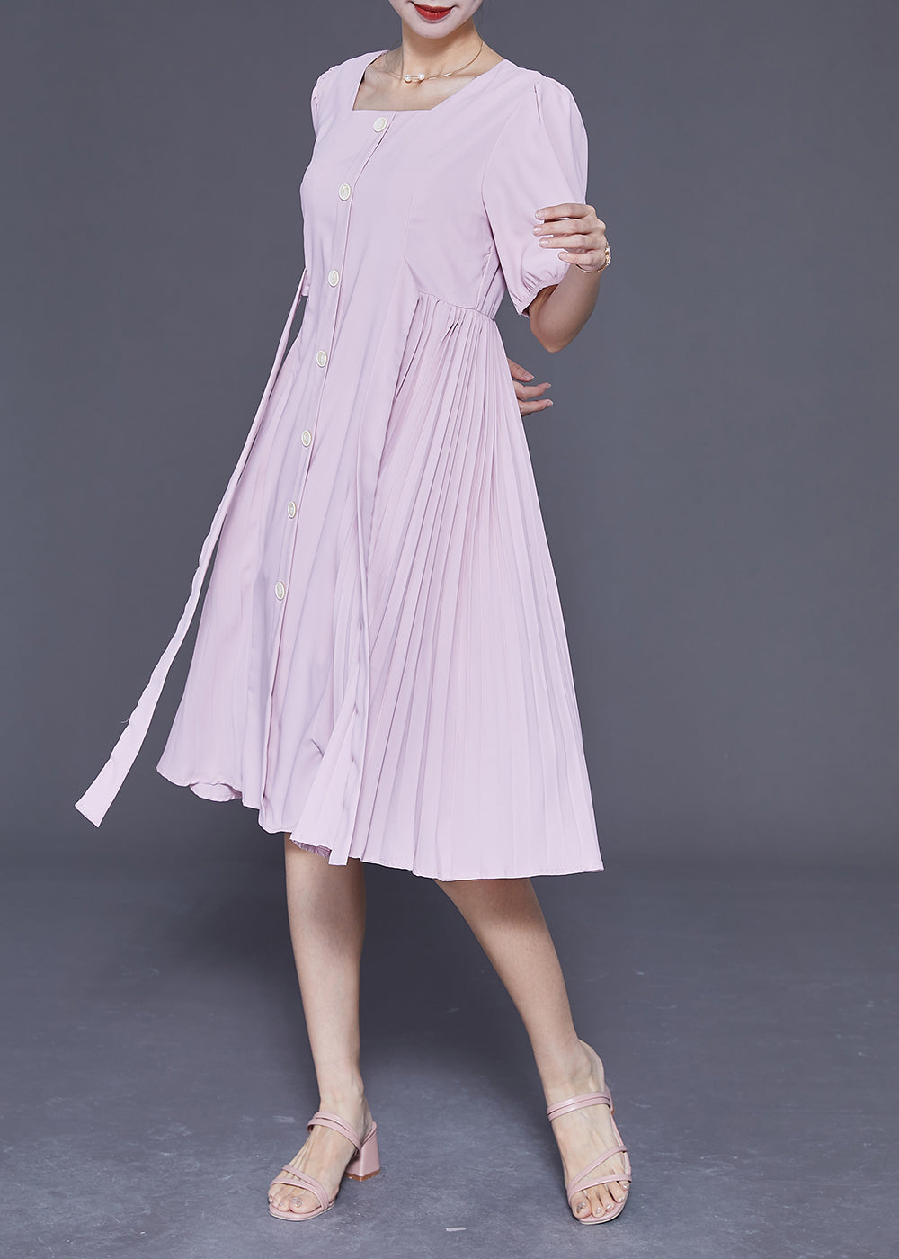 Women Pink Square Collar Tie Waist Pleated Dresses Summer LY3691 - fabuloryshop