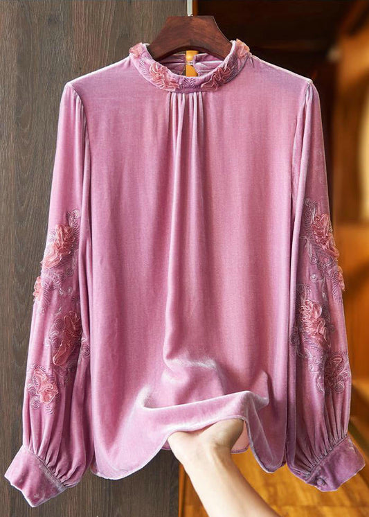 Women Pink Stand Collar Embroideried Velour Top Long Sleeve Ada Fashion