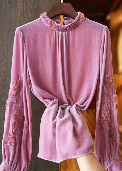 Women Pink Stand Collar Embroideried Velour Top Long Sleeve Ada Fashion