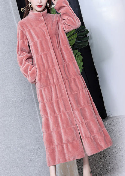 Women Pink Stand Collar Layered Wool Long Coat Winter Ada Fashion