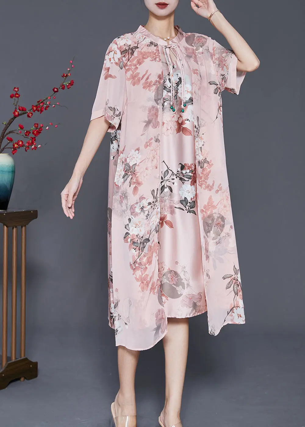 Women Pink Tasseled Print Silk Maxi Dress Summer Ada Fashion