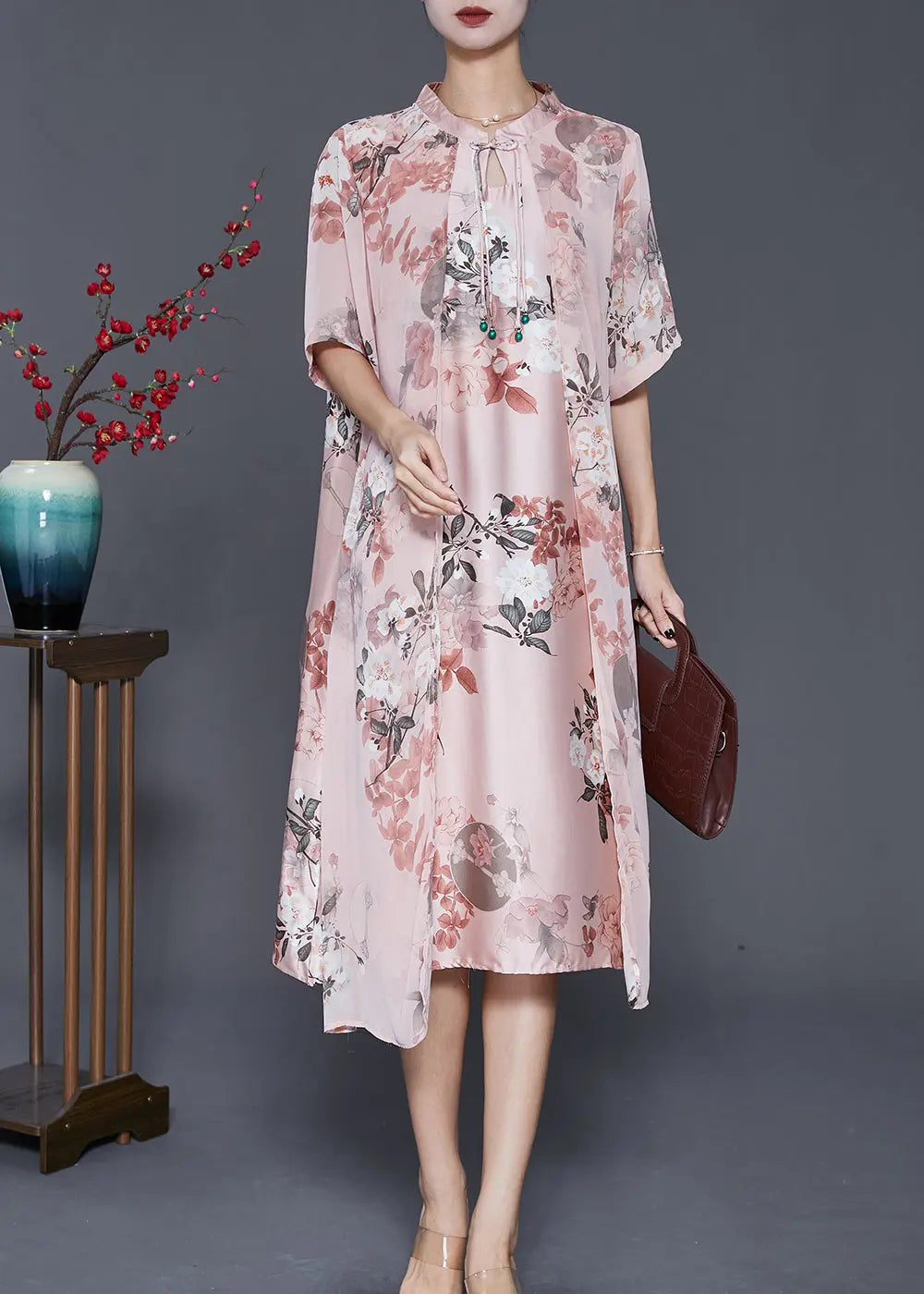 Women Pink Tasseled Print Silk Maxi Dress Summer Ada Fashion