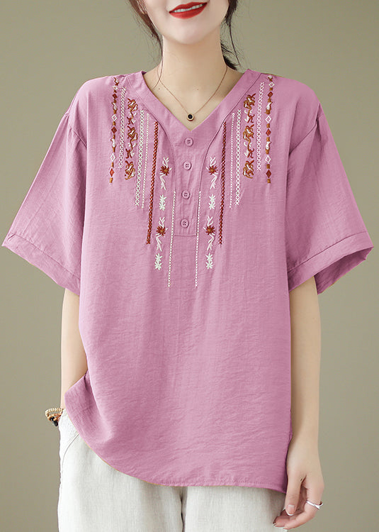 Women Pink V Neck Embroideried Cotton Tops Summer LY4956 - fabuloryshop