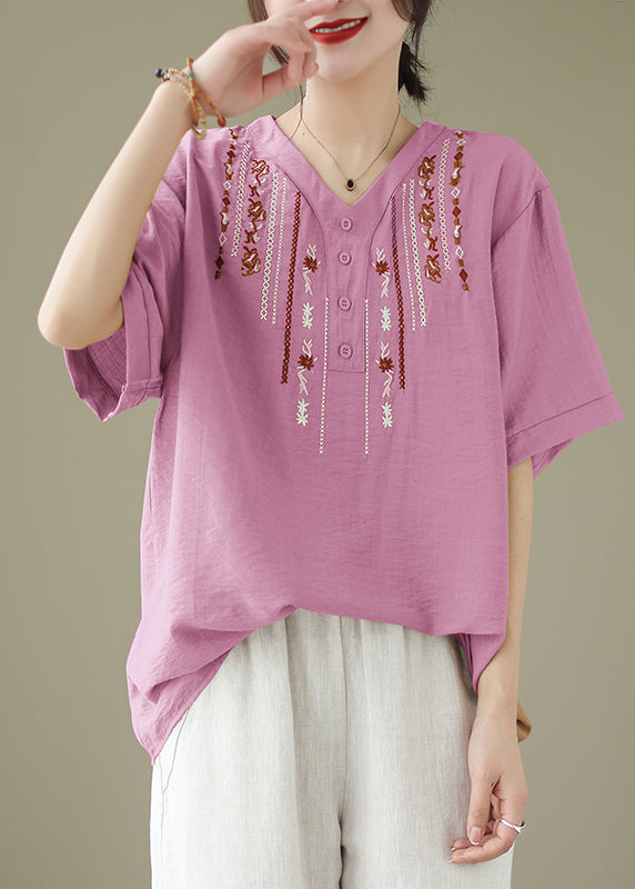 Women Pink V Neck Embroideried Cotton Tops Summer LY4956 - fabuloryshop