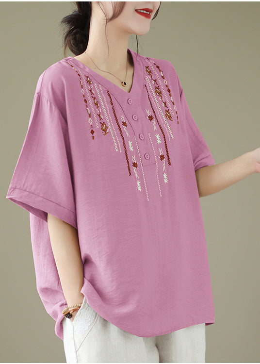 Women Pink V Neck Embroideried Cotton Tops Summer LY4956 - fabuloryshop