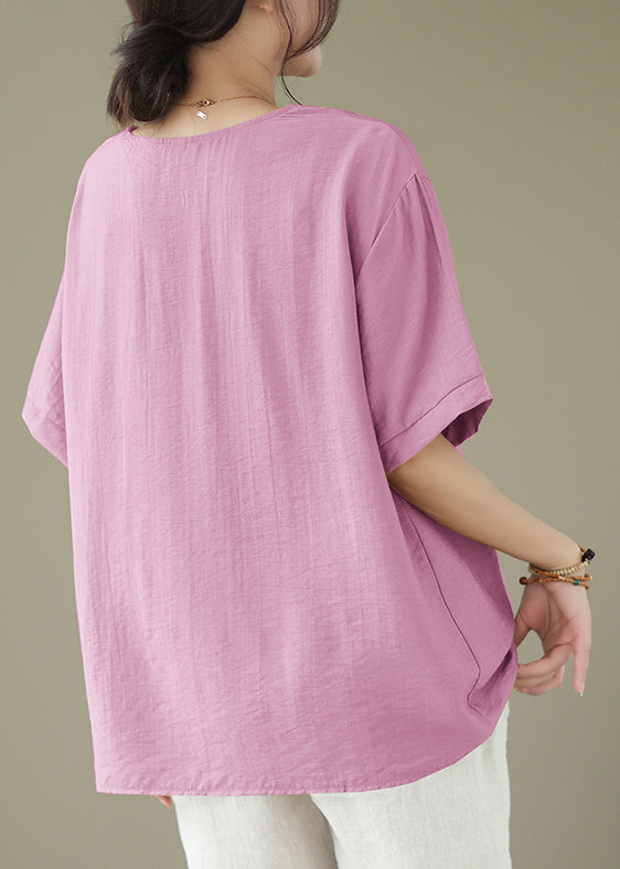 Women Pink V Neck Embroideried Cotton Tops Summer LY4956 - fabuloryshop