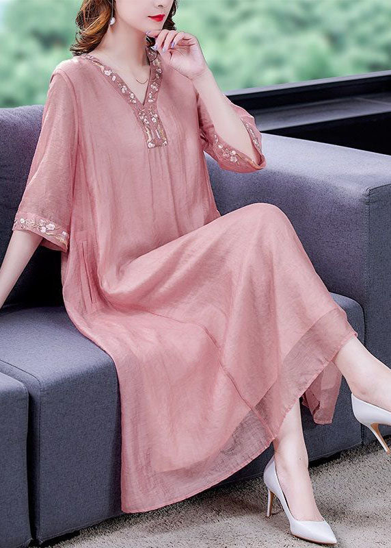 Women Pink V Neck Embroideried Cotton Vacation Dresses Summer LY0518 - fabuloryshop