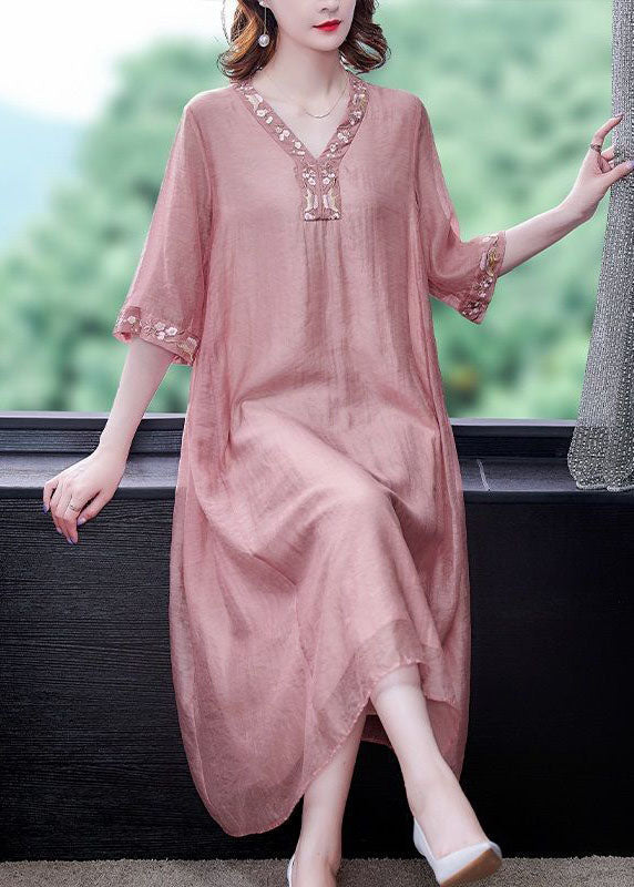 Women Pink V Neck Embroideried Cotton Vacation Dresses Summer LY0518 - fabuloryshop