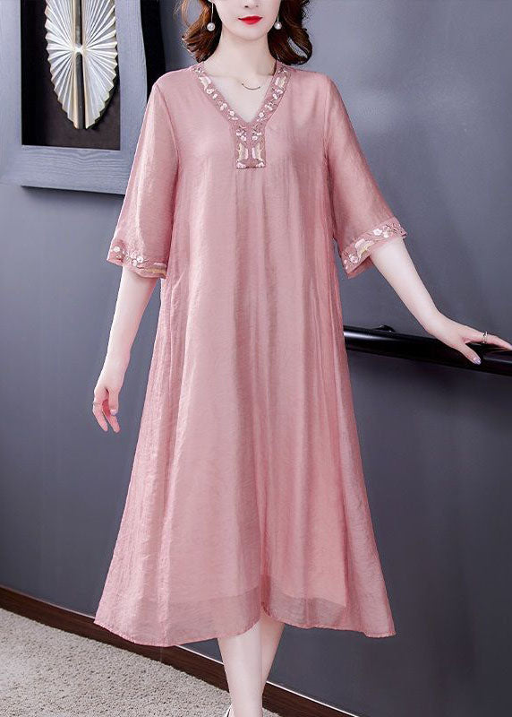 Women Pink V Neck Embroideried Cotton Vacation Dresses Summer LY0518