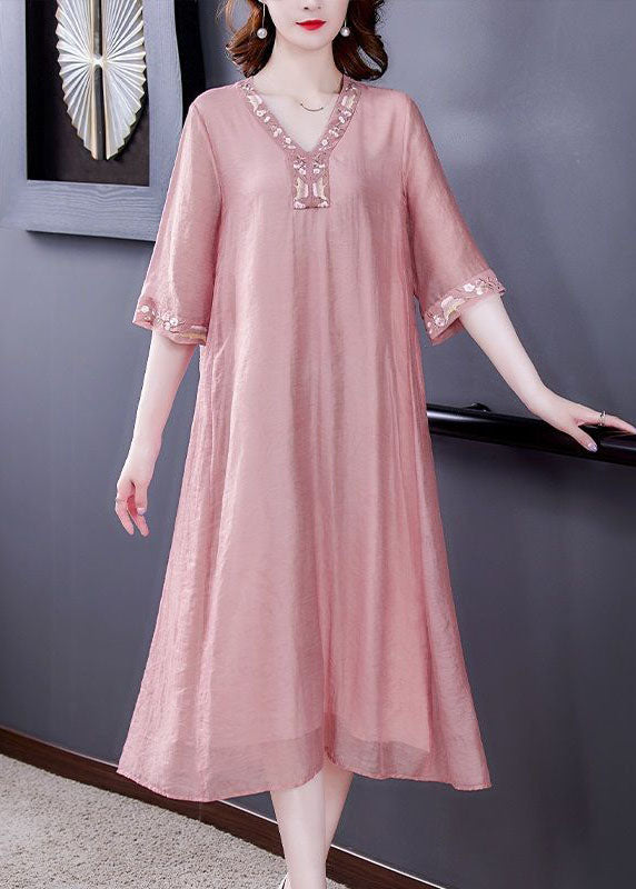 Women Pink V Neck Embroideried Cotton Vacation Dresses Summer LY0518 - fabuloryshop