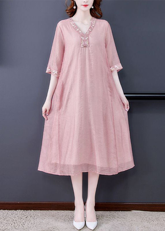 Women Pink V Neck Embroideried Cotton Vacation Dresses Summer LY0518