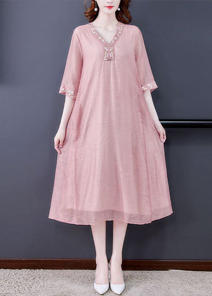 Women Pink V Neck Embroideried Cotton Vacation Dresses Summer LY0518 - fabuloryshop