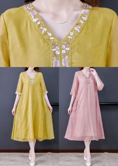 Women Pink V Neck Embroideried Cotton Vacation Dresses Summer LY0518 - fabuloryshop